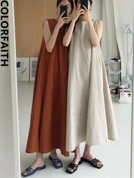 Colorfaith DR1977 CHIC sin mangas algodón coreano y lino elegante Vintage Summer Summer Pure Long Dresses 240412