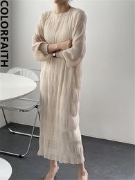 Colorfaith DR2413 Vintage élégant taille haute plissée en mousseline de soie à la mode coréenne dame femmes printemps été longues robes 240219