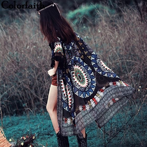 Colorfaitith Fashion 2021 Vintage Tribal Tassels imprimés Kimono Cardigan Femmes Tops Chemise de chemise de mousseline longue Camisa CA004 210317