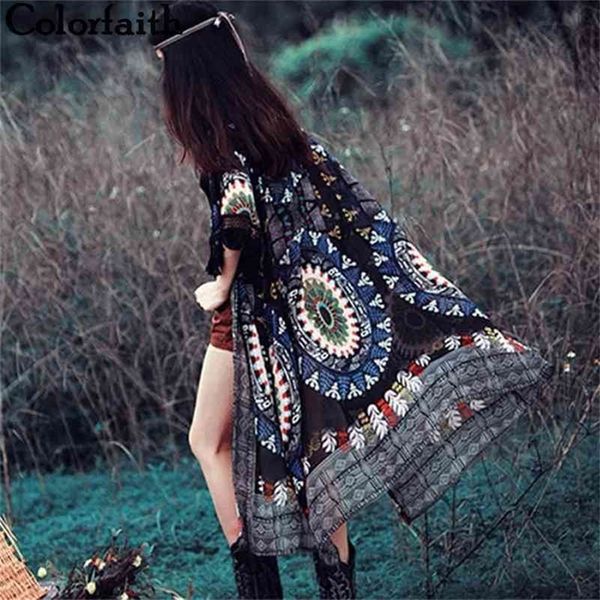 Colorfaith Mode 2021 Vintage Tribal Glands Imprimé Kimono Cardigan Femmes Tops Longue Chemise En Mousseline De Soie Blouse Roupas Camisa 210319