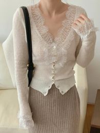Colorfaith корейский модный шикарный винтажный свитер кружевной женский осенне-зимний вязаный кардиган с v-образным вырезом элегантные топы SWC3563JX 240115