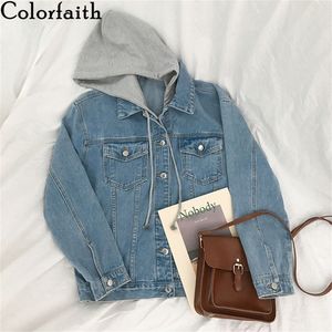 Colorfaith Nieuwe 2020 Herfst Winter Dames Denim Jas Bovenkleding Hooded High Street Modieuze Koreaanse stijl Jeans Tops LJ200824