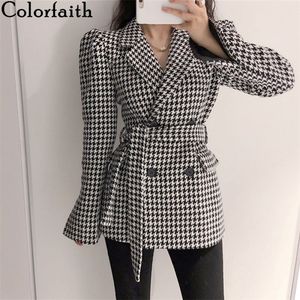 Colorfaith New 2020 printemps hiver femmes veste en laine poche double boutonnage manches bouffantes pied de poule blazers à lacets Tops LJ201021