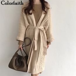 Colorfaith nuevo otoño invierno suéter femenino de punto cárdigans largos estilo coreano con cordones Casual elegante abrigo para mujer JK1945 201027
