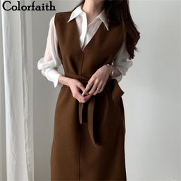 Colorfaith Nuevo Invierno Primavera Vestidos de Mujer Fajas Sólido Dividir Recto Punto Suéter Cálido Elegante Oficina Damas DR7199 210325