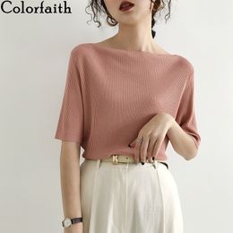 Colorfaith New Women Summer T-Shirts Solid Multi 6 Couleurs Bottoming Casual Slash Neck Knitting Elasticity Wild Tops T1608 210302