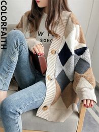 Colorfaith Plaid Chic Cardigans Bouton Manches Bouffantes À Carreaux Surdimensionné Pulls Pour Femmes Hiver Printemps Pull Hauts SW658 240123