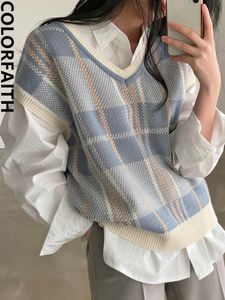 Colorfaith gilet sans manches gilet à carreaux surdimensionné hiver printemps femmes pulls pulls tricots hauts SWV18309 220715