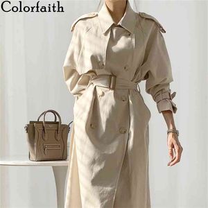 Colorfaith printemps automne femmes coupe-vent boutons élégants Vintage surdimensionné à lacets bureau long Trench hauts JK1311 210812