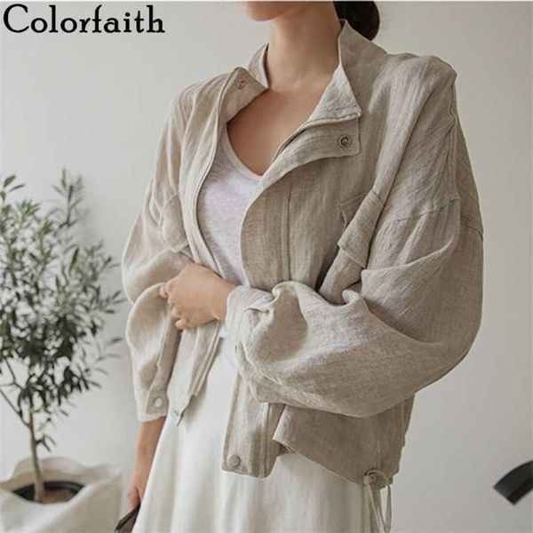 Colorfaith été automne femmes veste col montant poches décontractées Cargo coton et lin fermeture éclair hauts courts JK8196 211029