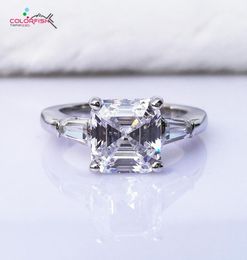 Colorfish Luxury Asscher Cut Anillo de compromiso de tres piedras 3 quilates Brillante sintético Nscd Mujeres 925 Anillo de bodas de plata esterlina J2755120