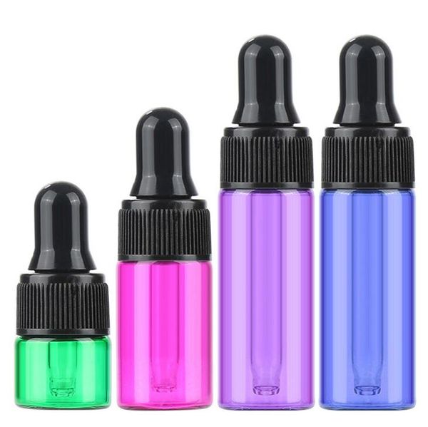 1000pcs / lot de colores Mini botellas de vidrio de 1 ml 2 ml 3 ml 5 ml de aceite esencial cuentagotas líquido de la botella de perfume Viales para la venta LX1538