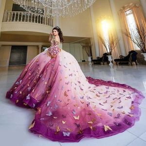 Coloré 3D Papillon Quinceanera Robes Robe De Bal 2023 De L'épaule CorsetAppliques Dentelle Doux 16 Robes De 15 Anos