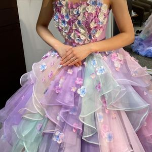 Kleurrijke 3D Flower Prom -jurken Ruches Tiere Ball Jurk feestjurk voor junior verjaardagskleding organza vrouwtjes speciale gelegenheid jurk
