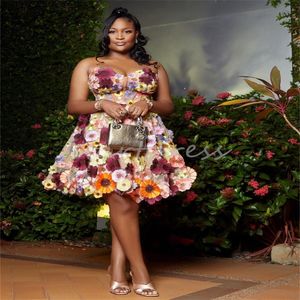 Kleurrijke 3D Bloemen Afrikaanse Avondjurk 2024 Sexy Lieverd Zwarte Meisjes Mini Korte Galajurk Nigeria Feestdag Cocktailjurk Afstudeerfeest Robe de Soiree
