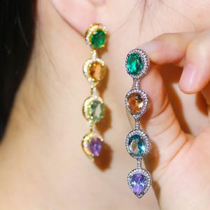 Kleurrijke AAA Cubic Zirconia Lange Dangle Designer Earring Water Drop Rood Wit Groen CZ Koper Verzilverd Oorbellen Sieraden Voor Vrouwen Party Bruid Bruiloft Grils Gift