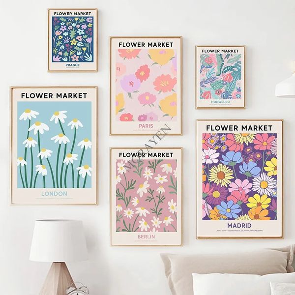 Toile d'art abstrait coloré, affiches et imprimés botaniques du marché aux fleurs, images murales nordiques pour salon, chambre de fille, décoration sans cadre Wo6