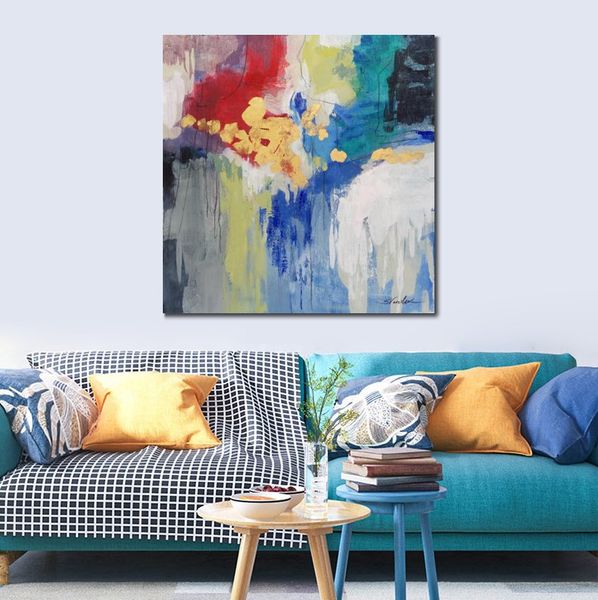 Pintura abstracta colorida sobre lienzo, arte de momento brillante y dorado, obra de arte única hecha a mano, decoración del hogar