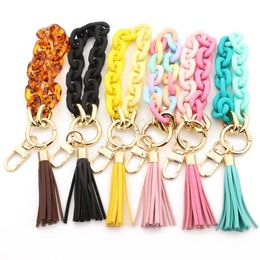 Porte-clés en acrylique coloré en cuir Pu, pompon, en forme de chaîne pour filles, Bracelet, porte-clés pour femmes