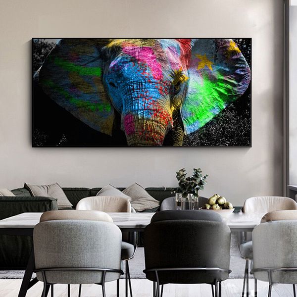 Pintura en lienzo de elefante africano colorido, arte de pared, pinturas al óleo de animales, impresiones de tamaño enorme, carteles para decoración de sala de estar