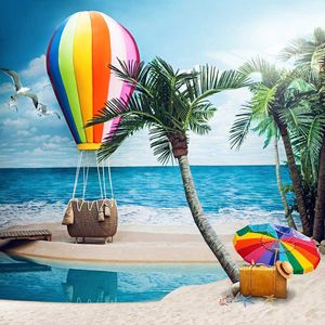 Ballon à Air chaud coloré toile de fond photographique vinyle palmiers ciel bleu eau de mer plage tropicale fond de photographie de mariage romantique