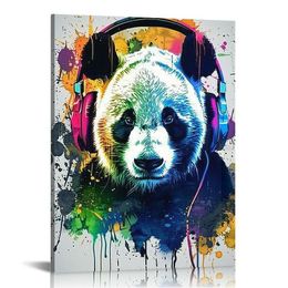 Art mural animal coloré drôle ours mignon avec casque imprimés images images de chambre décor anciens panda peintures