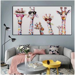 Art coloré animal girafe famille portant des lunettes peinture toile photo impression murale chambre 201d