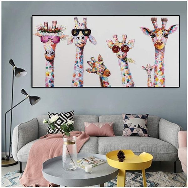 Art coloré animal girafe famille portant des lunettes peinture toile photo impression murale chambre 250Q