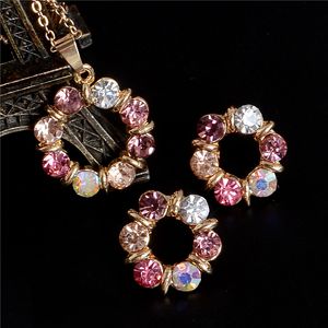 Kleurrijke Oostenrijk Crystal Rhinestone Cirkels Hanger Gouden Jewlery Sets Choker Ketting Opaal Stone Stud Oorbellen Dames Huwelijk