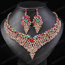Conjunto de joyería nupcial de cristal austriaco colorido para mujer, collar llamativo de diamantes de imitación, conjuntos de pendientes, boda, dama de honor