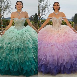 Kleurrijke Baljurk Quinceanera Jurken Gelaagde Ruches Kralen Vrouwen Sweet 16 Formeel Feest Robe De Soiree Elegante Avond Galajurken