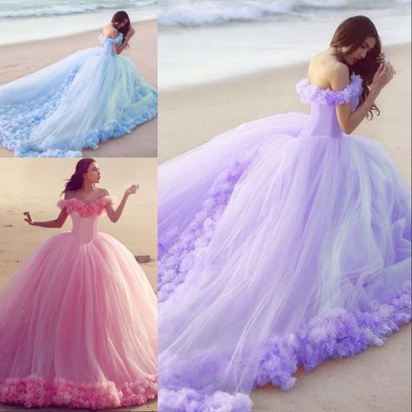 Robes de mariée de plage de style robe de bal coloré sur l'épaule à la main fleurs corset à lacets dos rose violet clair bleu pêche robe de mariée