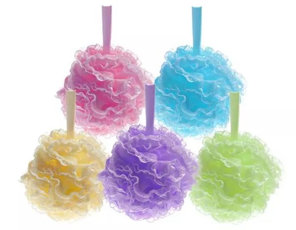 Pouf de bain coloré Grande maille en dentelle Garniture en dentelle Éponge de douche Nettoyant exfoliant Apaiser la peau Loofah Luffa Body Mesh Body Scrubber Boule de bain