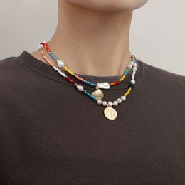 Perles colorées plage coquille pendentif Double collier femmes minorité ethnique Style contraste couleur collier