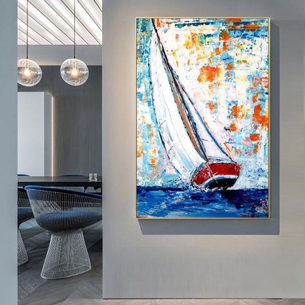 Cuadros coloridos de pared de barco para sala de estar, pintura en lienzo, carteles e impresiones, paisaje moderno, decoración del hogar, sin marco 273B