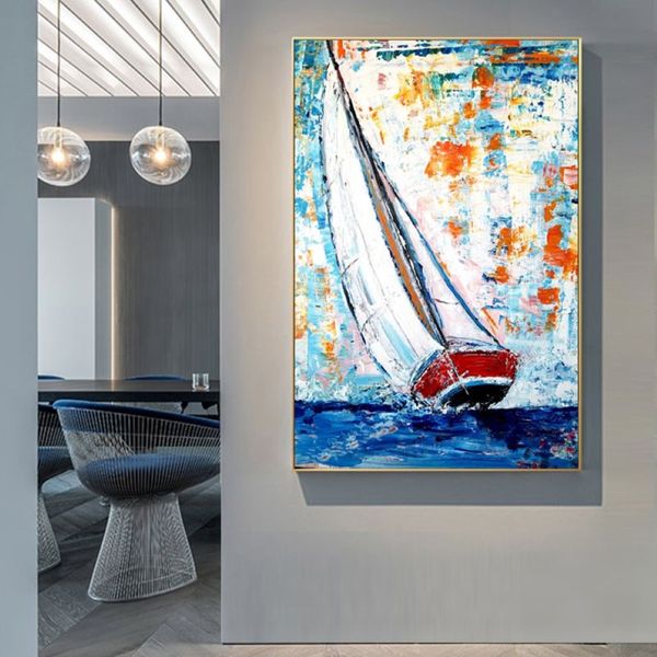 Cuadros coloridos de pared de barco para sala de estar, pintura en lienzo, carteles e impresiones, paisaje moderno, decoración del hogar, sin marco 263F