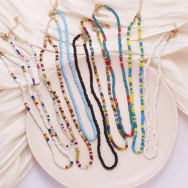 Coloré Boho Simple riz perles de rocaille brin collier femmes acrylique chaîne perlée courte femmes bijoux plage Chokers cadeau