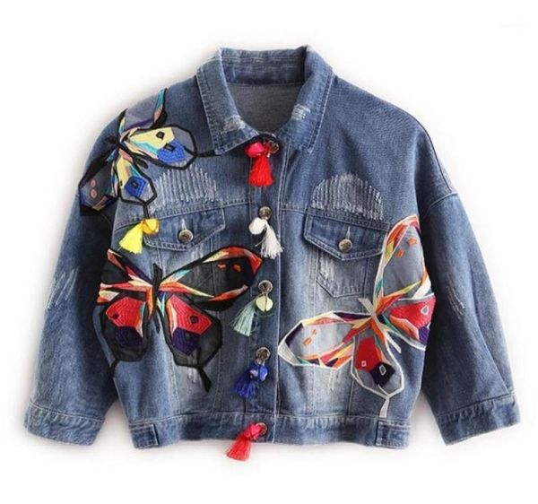 Colorido mariposa bordada damas jean chaquetas diseños de parche para mujer abrigos de mezclilla con borla corta chaquetas Mujer slim chaqueta1666005124