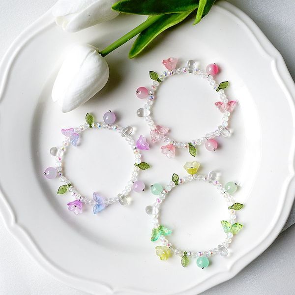 Coloré Papillon Fleur Perles Cristal Bracelet Pour Filles Enfants Charme Cadeau Bijoux Accessoires En Gros