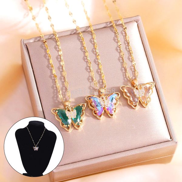 Collier pendentif papillon coloré pour femmes, cristal brillant, chaîne de clavicule en Zircon, collier d'insecte féminin, bijoux de fête