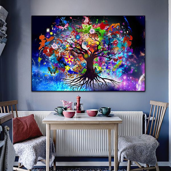 Póster e impresiones de lienzo con paisaje escandinavo de arte de pared abstracto de árbol de la vida de mariposa colorida para decoración del hogar