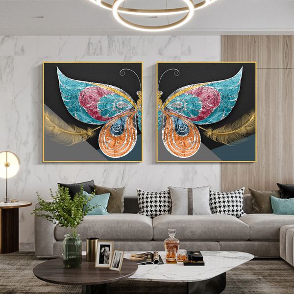 Papillon coloré avec plume d'or moderne toile peintures luxe affiche impression mur photo pour chambre décoration intérieure