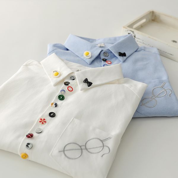 Botones coloridos Gafas bordado manga larga Oxford tela camisa blusa mori niña T200321