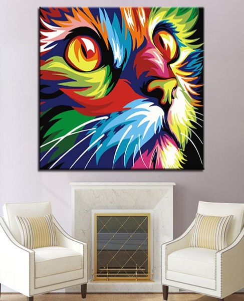 Tête de chat colorée, Kits de peinture par numéros, peinture acrylique sur toile, tableau d'art mural moderne pour décoration de maison, 9403566