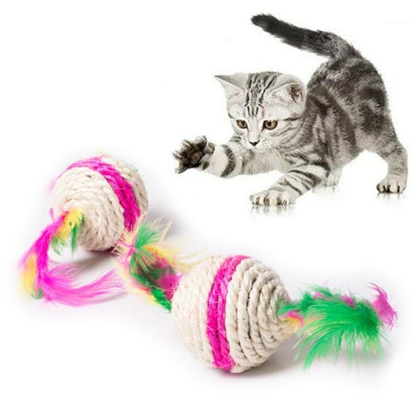 Bola de juguete colorida para gatos, juguetes interactivos para jugar, sonajero para masticar, sisal y plumas, suministros de entrenamiento para mascotas