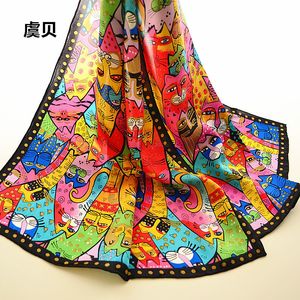 Gatos coloridos bufanda larga mujeres protector solar suave fino impreso bufandas de seda natural envolver chal foulard femme bandana regalo para damas 201119
