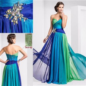 Mousseline de soie colorée pas cher longues robes de soirée multi couleur cristal pli à lacets chérie 2015 robe de bal vestidos de fiesta2089