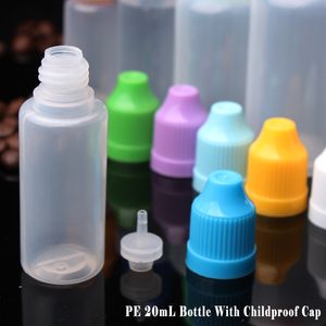 Flacon compte-gouttes vide en plastique avec couvercles colorés à l'épreuve des enfants, flacon compte-gouttes vide de 20ml pour huile essentielle et jus, 1500 pièces/lot