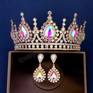 Kleurrijke Kroon Oorbel Set voor Vrouwen Bruiloft Bruids Tiara Haaraccessoires Vintage Kristallen Bruid Tiara's en Kronen