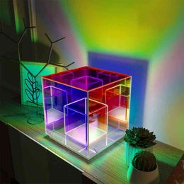 Kleurrijke kubus tafellamp led gekleurde acryl tafellampen voor woonkamer slaapkamer Noordse huisdecor lichte nachtlamp H220423